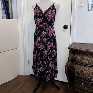 Beautiful layered black strapless sundress with colored floral pattern